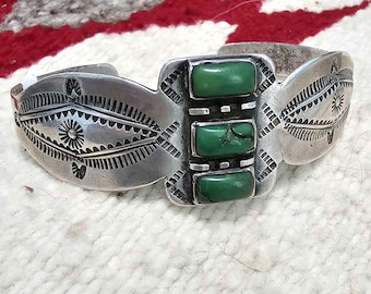 1930s Greasy Green Cerrillos Whirling Logs Cuff Old Pawn Cuff  fits 7" wrist. JB 378