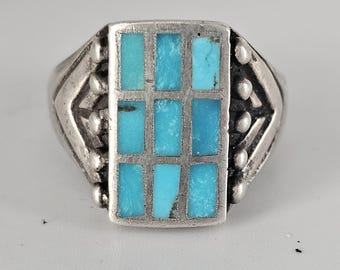 Old Zuni Turquoise Inlay Silver Ring Vintage Sterling Man Ring Size 10 1/2 Old Pawn JR 130