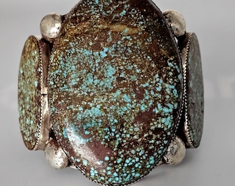 Big Cabochons of Spiderweb Turquoise Vintage Native Made Silver Statement Cuff Old Pawn  6 7/8" wrist. JB 911
