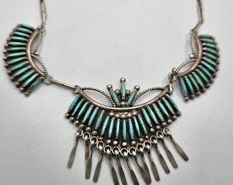 Crown Zuni Pettipoint Necklace with Blue Turquoise Old Pawn Sterling. C1950s. JN 661