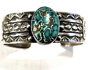 Gorgeous Tome Charlie Deep Blue Turquoise Silver Punch Decorated Vintage Cuff Sterling Old Pawn fits 6 1/2" wrist