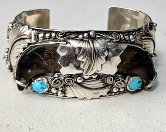 Bearclaw Turquoise & Coral Wide Silver Vintage Cuff Sterling Old Pawn fits 7" wrist  JB 50