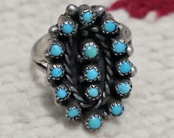 1940s Zuni Pettipoint Blue Turquoise Silver Ring Vintage Sterling Old Pawn Size 6 JR 845