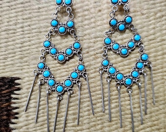 Chandelier Turquoise Earrings Done Zuni Style Vintage Native Made Statement Earrings Old Pawn