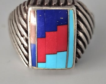 Zuni Inlay Multi Stone Cast Silver Ring Vintage Sterling Size 10 1/2 JR 50