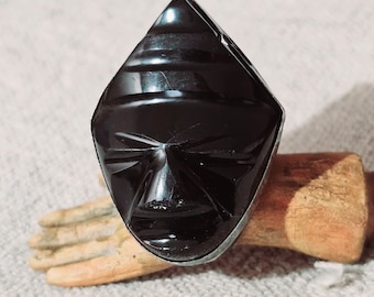 Interesting Large Onyx Ring Carved Face Vintage Ring Size 7 Mexican