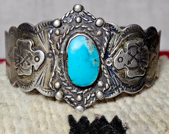 Fancy Harvey Era Turquoise Silver Vintage Cuff Old Pawn Fits 6 3/4" wrist.