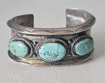 Early Native Cuff Incredible Silverwork 3 Large Blue Turquoise Stones Sterling Old Pawn Cuff Bracelet Native American fits a 7" wrist JB 93