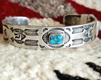 Ingot & Blue Turquoise Deep Punchwork Decorated Vintage Cuff Native Sterling Old Pawn fits 6 1/4" wrist JB 290