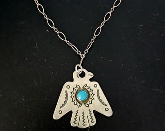 1940s Signed Thunderbird Necklace Blue Turquoise Native Sterling Old Pawn JN 780
