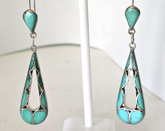 Pale Blue Turquoise Channel Set Native Earrings Old Pawn 3"  JE 584