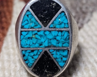 Cast Silver Zuni Chip Inlay with Turquoise and Onyx Vintage Sterling Man Ring Size 12 1/2