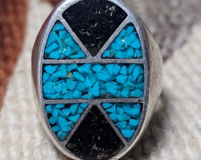 Featured listing image: Cast Silver Zuni Chip Inlay with Turquoise and Onyx Vintage Sterling Man Ring Size 12 1/2