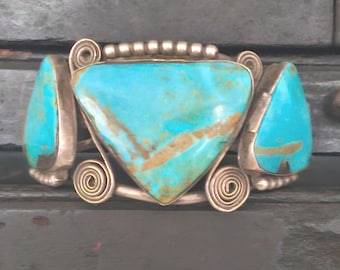 5 Big Kingman Turquoise Stones with Amazing Silver Wire Work Sterling Old Pawn Cuff Bracelet Native American fits a 7" wrist