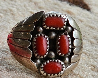 Coral Vintage Native Sterling Man Ring Size 11