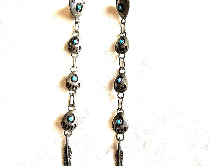 Featured listing image: 4 1/2" Long Vintage Turquoise Bear Paw & Feathers Earrings Old Pawn  JE 615