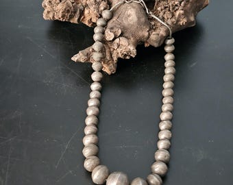 Vintage Punch Decorated Navajo Pearls with Dark Patina Graduated Necklace Old Pawn Sterling. C1950s JN 774