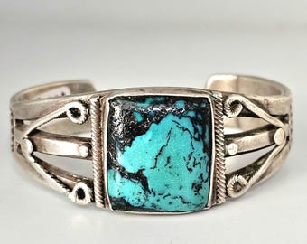 Ingot Silver and Turquoise Native Cuff Bracelet  Coin Silver. 6 1/4" wrist. JB 17