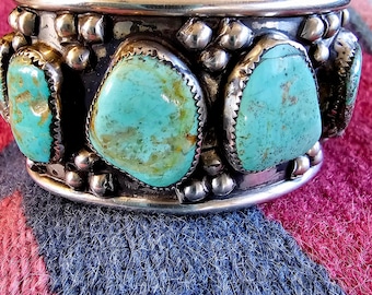 Bold Design with 6 Big Turquoise Stones on this Man Size Sterling Old Pawn Cuff Bracelet Native American fits a 7 3/4" wrist