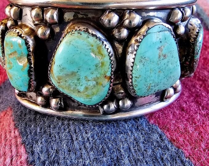 Featured listing image: Bold Design with 6 Big Turquoise Stones on this Man Size Sterling Old Pawn Cuff Bracelet Native American fits a 7 3/4" wrist
