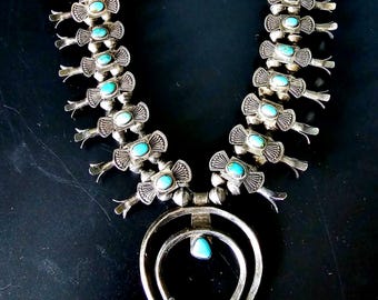 Vintage Boxbow Squash Blossom Necklace Blue Turquoise Native American Sterling Silver JN 726