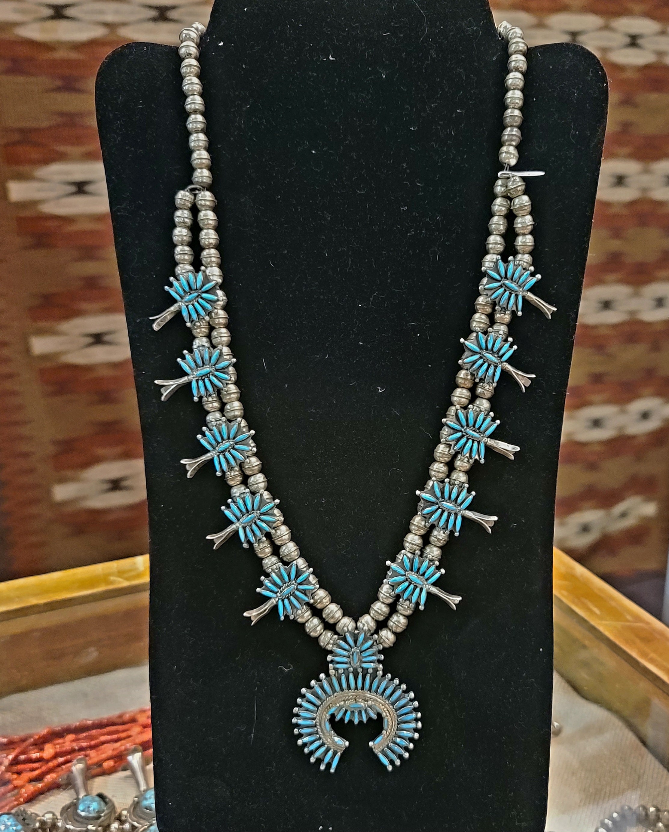 Necklace, Squash Blossom, Turquoise, Zuni Needlepoint