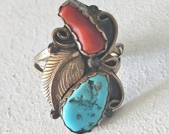 14K Coral and Turquoise Vintage Native Ring Sterling Old Pawn Size 8 1/2. JR 869