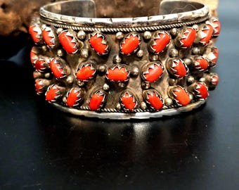 Handsome Coral and Silver Vintage Cuff Bracelet Native American fits a 7" wrist. JB 169