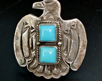 1930s Signed Thunderbird Shape Vintage Ring Blue Turquoise Sterling Old Pawn Size 8 JR 437