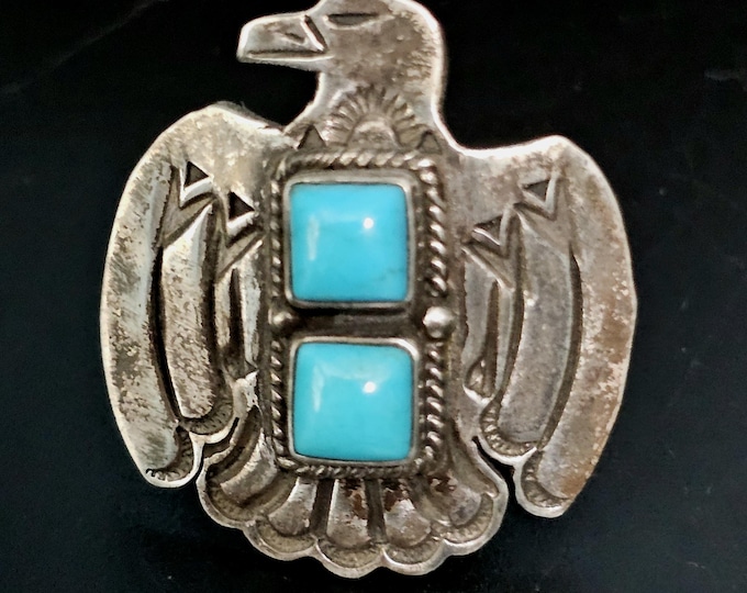 Featured listing image: 1930s Signed Thunderbird Shape Vintage Ring Blue Turquoise Sterling Old Pawn Size 8 JR 437
