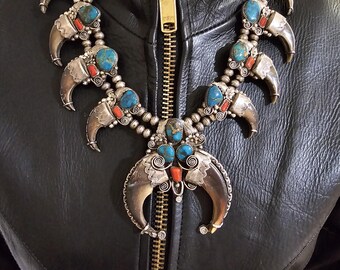 Bearclaw Squash Blossom Necklace Turquoise & Coral Old Pawn JN 700