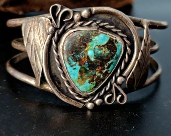Dramatic Matrix on this Turquoise Sterling Old Pawn cuff fits 6 3/4" wrist. JB 215