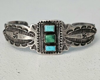 Antique Ingot Whirling Log Silver and Blue Turquoise Native Cuff Bracelet Coin Silver. 6 3/4" wrist. JB 39