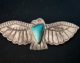 Blue Turquoise Thunderbird Pin 3 1/2" Vintage Native Old Pawn # JP 164
