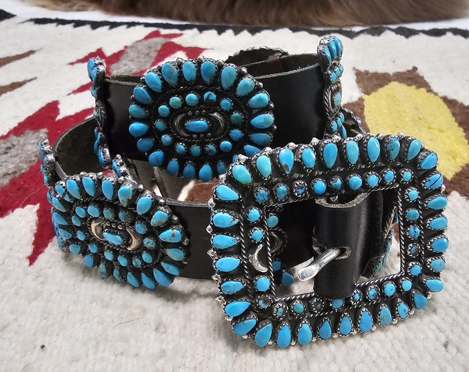 Featured listing image: Zuni Signed Vintage Petitpoint Blue Turquoise Concho Belt Sterling Old Pawn. JBL 165