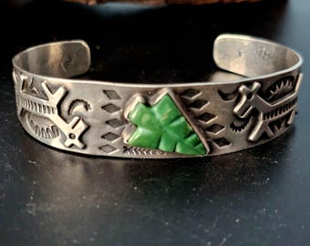 1940s Rare 7" Harvey Era cuff Cerrillos Turquoise Arrow Silver Cuff Bracelet: Native 7"  JB 202