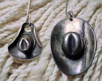 Cool Odd Size Western Hat Silver Earrings Vintage Mexican Sterling