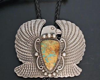 Vintage Thunderbird Turquoise Bolo Tie/Pin, Signed Sterling Silver