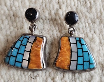 Dramatic Turquoise,  Onyx & Spiny Oyster Inlay Zuni Earrings Old Pawn 1 1/2"  JE 281