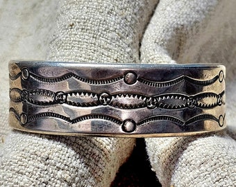 Heavy Silver Punch Decorated Vintage Larger Cuff Sterling Old Pawn fits 7 1/4" wrist