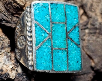 Blue Turquoise Zuni Chip Inlay Cast Silver Ring Vintage Sterling Man Ring Size 9 1/2 Old Pawn