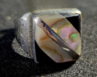 Onyx Zuni Inlay Vintage Sterling Ring Size 10 Old Pawn JR 627