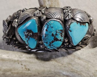 Vintage Large Turquoise & Eagle Cuff Native Sterling Silver 7 1/2" wrist. JB 293
