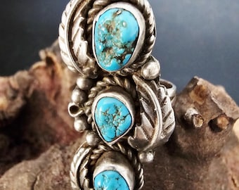 3 Blue Turquoise Nuggets Vintage Statement Ring Sterling Native Size 4 1/2 Old Pawn JR 439