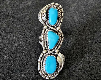 Bright Blue 3 Turquoise Stones Vintage Statement Ring Sterling Native Size 7 Old Pawn JR 457