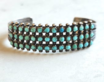 3 Row Vintage Zuni Turquoise Snake Eye Bracelet Sterling Silver Cuff 6 1/2" JB 190