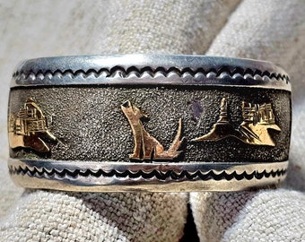 Striking Hopi Silver and Gold Vintage Larger Cuff Sterling Howling Coyote Old Pawn 7 1/2" wrist