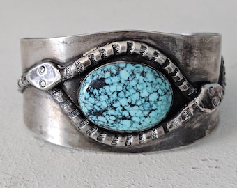 Big Blue Webbed Turquoise 2 Snakes Sterling Native Made Vintage Cuff fits 7" wrist JB 08