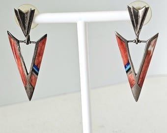 Sharp Zuni Inlay Silver 2" Vintage Earrings Native Old Pawn JE 571