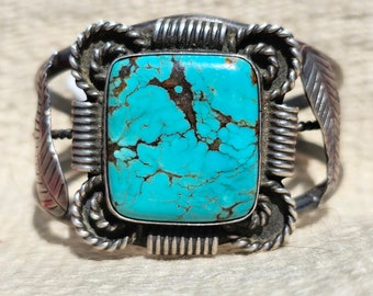 Big Square Turquoise and Unusual Silverwork on this Vintage Native Cuff Old Pawn